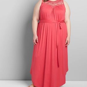 Lane Bryant Coral Maxi dress crochet/ lace neckline Size 18/20 with pock…